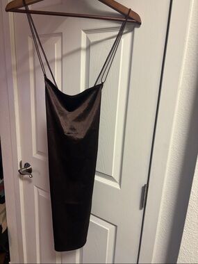 Divided Satin Slip Dress in Dark Brown